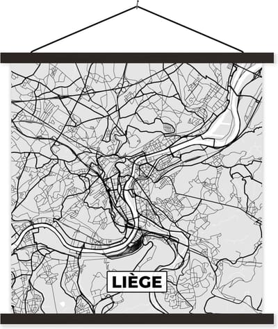 Posterhanger incl. Poster 60x60 cm - Schoolplaat - Stadskaart – Plattegrond – België – Zwart Wit – Liège – Kaart - Textielposter - Zwarte latten - Stadskaart