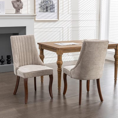 BLACKCOLORS Eetkamerstoelen van gevlokte rayon, Channel-keukenstoel, comfortabele bijzetstoel van gestoffeerde stof voor de eetkamer met gebogen massief houten poten, set van 2 (beige), DE1847BG