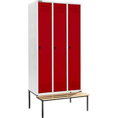Schäfer Shop Genius Kledinglocker met zitbank, 3 compartimenten, 300 mm compartimentbreedte, veiligheidsdraaigrendelslot, lichtgrijs/robijnrood