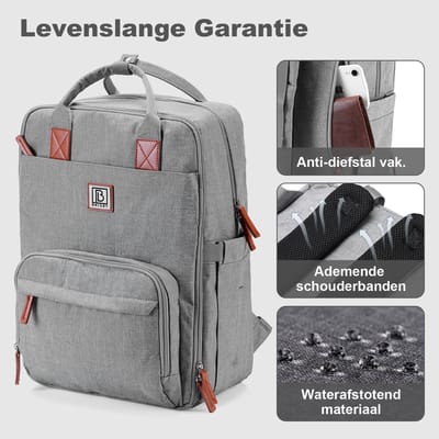 Brisby Rugzak voor Dames & Heren – Comfortabele, Waterafstotende Rugtas met Laptopvak, perfect als Schooltas, Werktas & voor op Reis. Geschikt als handbagage. Levenslange Garantie! - Lichtgrijs