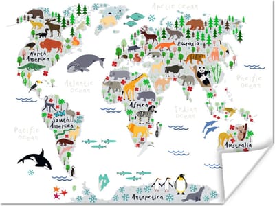 Wereldkaart - Kinderen - Dieren - Planten - 40x30 cm - Poster