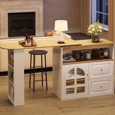 MODFU Uitschuifbare barkast met 360° draaifunctie – Opbergkast met lades en verstelbare planken – Modern design – MDF met glazen deur – Wit – 138–204x39x104 cm