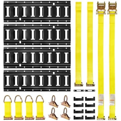 VEVOR E-Track bevestigingsrailset, 4-pack, 0,4 m, 21-delige accessoireset, inclusief 2 ratelriemen, 4 O-ringen, 4 bevestigingsriemen met D-ringen, 2 enkele sleuven, 8 eindkappen en 1 tas, voor garages, auto's en aanhangwagens
