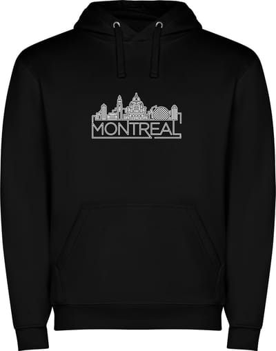 Zwarte unisex hoodie met “ Skyline Montreal – Vakantiegevoel – Strak – Modern “ Print Full Color Color merk Roly maat S