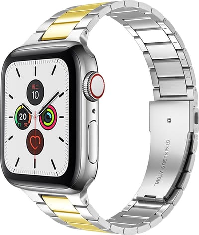 By Qubix - Geschikt voor Apple Watch bandje - Stalen schakelband - Zilver met goud - Geschikt voor Apple Watch 38mm / 40mm / 41mm / 42mm - stalen bandje