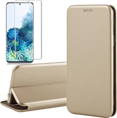 Hoesje geschikt voor Samsung Galaxy S20 Plus - Screen Protector GlassGuard - Book Case Kunstleer ThinShield Goud & Screenprotector