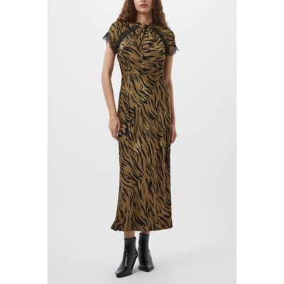 French Connection Abeline Ennis Satin Lace Dress Golden Olive Khaki Size: 10 | Maxi Dresses Outlet | Dames | Bruin