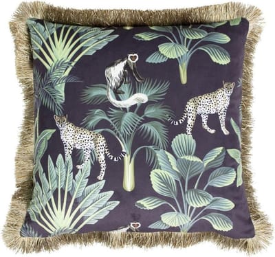 Sierkussen - Fluweel Jungle Panter Gouden Franjes - Goud En Zilver - 45 Cm X 45 Cm