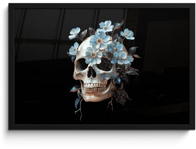 Poster in lijst - Fotolijst 60x40 cm - Posters - Schedel - Blauw - Bloemen - Bladeren - Posterlijst zwart - Decoratie - Wanddecoratie woonkamer - Muurdecoratie slaapkamer