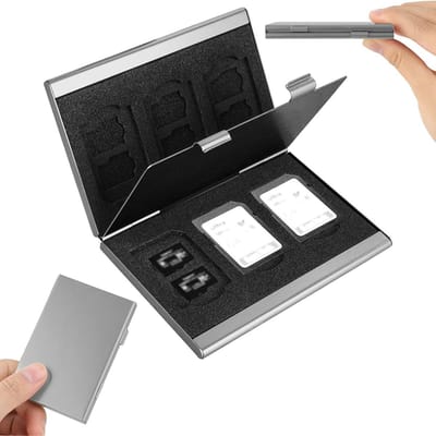 Geheugenkaartadapter - 1 stuk - SD-kaartadapter - 9,3 cm × 1,1 cm - SD-kaarthouder - Harde behuizing van aluminiumlegering - Dubbellaags ontwerp - Opbergdoos - Geschikt voor 6 SD-kaarten en 12 TF-kaarten - Zilver