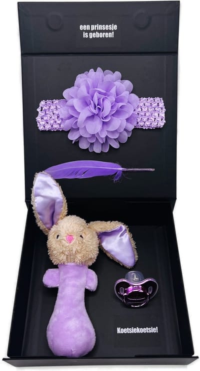 Kraamcadeau meisje met rammelaar, speen en hoofdband, aanbieding - geboortegeschenk - ook rechtstreeks als cadeau te versturen