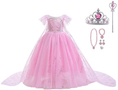 Frozen Elsa jurk - roze prinsessenjurk meisje - Het Betere Merk - Prinsessen verkleedkleding - 134/140 - juwelenset - kroon - tiara - toverstaf - kleed