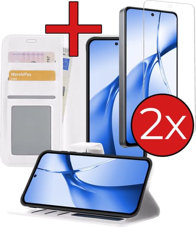Hoesje - Met 2x Screenprotector - Geschikt voor OnePlus Nord CE4 - Luxe Pasjeshouder - Flip Case - Bookcase Portemonee - Kunstleer Book Case - Flipcase Hoes - Book Cover - Walletcase - Portemonneehoes - Telefoonhoes - Wit