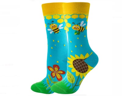 Sokken dames - blauw - geel - leuke print zonnebloem - bij - 36 - 40 - cadeau voor haar - Kerst cadeau - geschenk vrouwen - gift