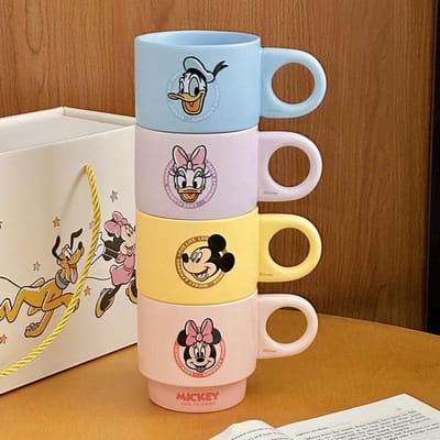 Minnie Mickey Céramique Mignon Tasse à Eau Maison Empilable Tasse Empilable Boîte Cadeau Souvenir 320ml beige
