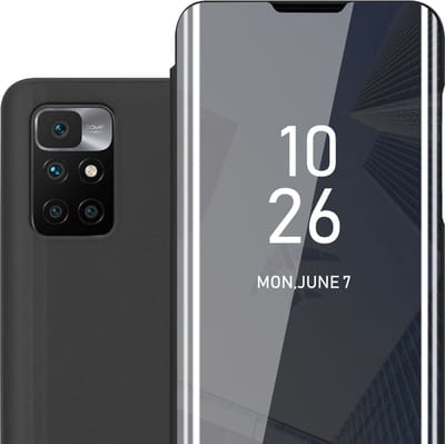 Cadorabo Hoesje geschikt voor Xiaomi RedMi 10 in TOERMALIJN ZWART - Clear View Spiegel Beschermende Case met Tribunefunctie 360 Graden Bescherming Book Case Cover Etui
