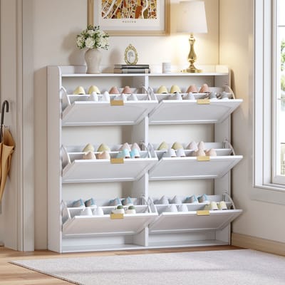 Schoenenkast - B120xD23xH118 - Ruimtebesparend 6 Klapvakken Hoogkast - Voor Dielen Of Garderobe - Hout - Wit