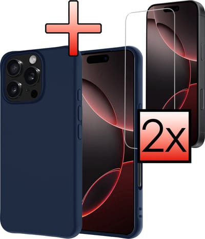 Hoesje - Met 2x Screenprotector - Geschikt voor Apple iPhone 16 Pro - Sterk & Shockproof - Back Cover - Siliconen Case - Telefoon Hoes - Donkerblauw