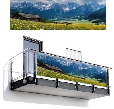 Balkonscherm 300x95 cm - Balkonposter Alpen - Weide - Bergen - Koeien - Balkon scherm decoratie - Balkonschermen - Balkondoek zonnescherm