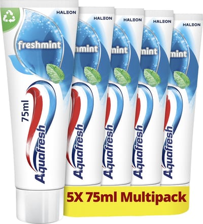 Aquafresh Freshmint 3in1 tandpasta voor een frisse adem voordeelverpakking 5 x 75ml, recyclebare plastic tube en dop