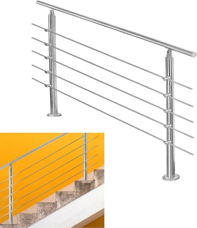 Trapleuning - Roestvrij Stalen - 100cm - 5 Dwarsbalken - voor binnen en buiten - In Hoek Verstelbaar Trapleuningen - met Kogelring en 2 Palen - voor Trap Balkon Terras Borstwering - Ø 42 mm