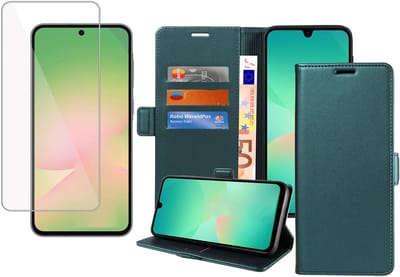 Book Case & Screenprotector geschikt voor Samsung Galaxy A17 5G / A26 Hoesje Screenprotector - Gehard Glas Cover + Magnetische Sluiting - Portemonnee Turqoise