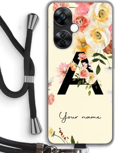 Gepersonaliseerd - Case Company® - Hoesje met koord geschikt voor OnePlus Nord CE 3 Lite hoesje met Koord - Flirty Flowers Monogram - Telefoonhoesje met Zwart Koord - Bescherming aan alle Kanten en Over de Schermrand