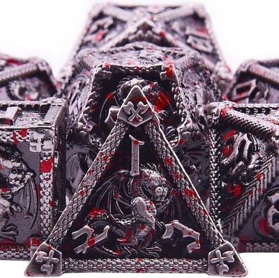 7-delige polyhedral dobbelstenen set met doos - D20, D12, D10, D%, D8, D6, D4 voor RPG, bordspellen en tabletop gaming (antiek ijzer met bloed)