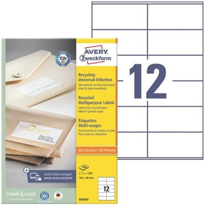Avery® Zweckform Etiketten LR3424, A4, universeel, permanente kleefstof, geschikt voor printer, gerecycled papier, rechthoekig, natuurlijk wit, 1200 stuks op 100 vel