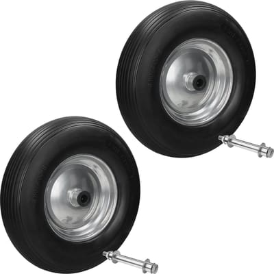 Set van 2 kruiwagenwielen 390 mm 4.80/4.00-8 met as, gestreept profiel, zwart, van PU-massief rubber