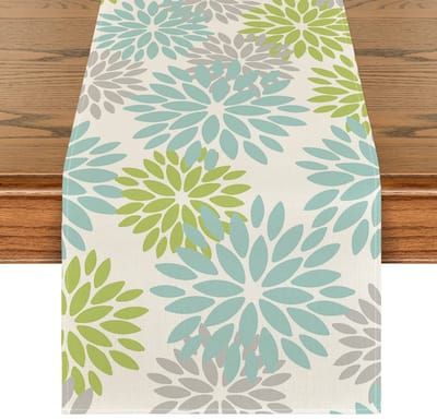 Tafelloper - Groene Dahlia Bloemenprint - Zomerse Tafeldecoratie voor Keuken en Feest Binnen - 40x300 cm