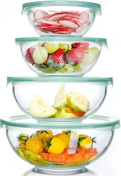 Glazen saladekomset van 4 stuks 1, 1,5, 2,5, 3,7 liter magnetron- en vaatwasmachinebestendig voor mixen, bewaren en serveren