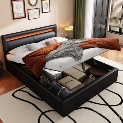 HAUSS SPOLE Gestoffeerd Bed 140x190cm - Met LED Hoofdeinde en Opbergruimte - Voor Slaapkamer en Jongerenkamer - PU Kunstleer - Zwart - Zonder matras