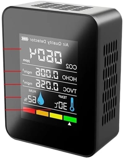 Luchtkwaliteit Monitor - CO2 Detector - Binnenklimaat Meten - Realtime Monitoring - 5 in 1 - Zwart