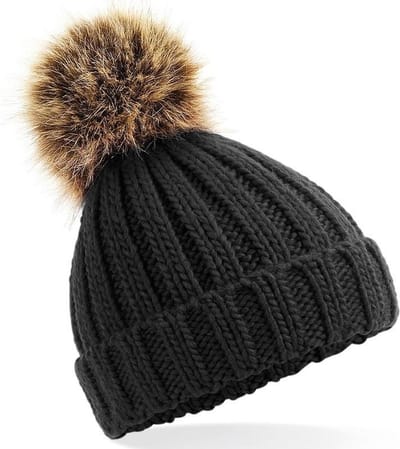 Grof gebreide wintermuts zwart met bruine pompon voor dames