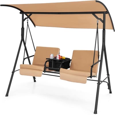 Schommelbank met Koeltas - Terrasschommel Tuinstoel - Buiten Ontspannen - Verstelbare Luifel - 181 x 124 cm - Bruin