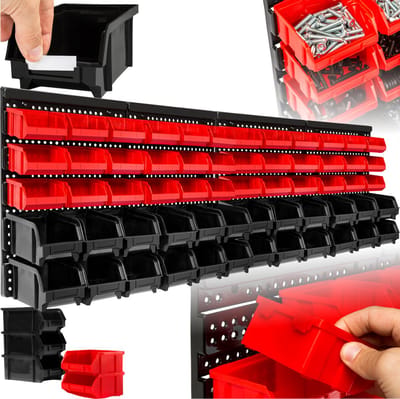 tectake® Werkplaats Gereedschapswand - Set van 2 Onderdelenkast met 60 opbergbakken - 2 wandrekken met 36 middelgrote en 24 grote Stapelboxen - Praktische opbergrekken voor werkplaats, garage en hobbyruimte - Zwart/rood