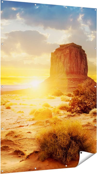Gards Tuinposter Zonsondergang in Woestijn Monument Valley - 120x180 cm - Tuindoek - Tuindecoratie - Wanddecoratie buiten - Tuinschilderij