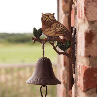 Uil deurbel - Tuinbel ingangsbel - Decoratie tuin erf - Gietijzer handwerk - 20 cm hoog - Bruin