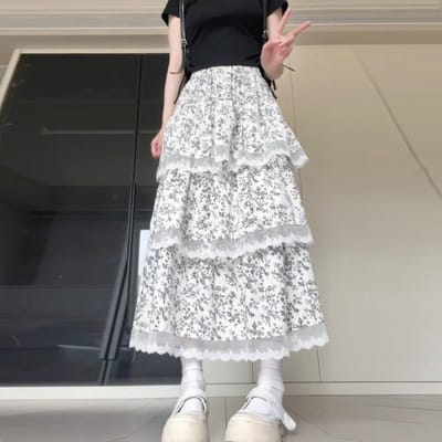 Kanten Bloemenrok voor Dames In Zomer Hoge Taille Slanke Rok met Kleine Hangende Taart Lange Rok XL white