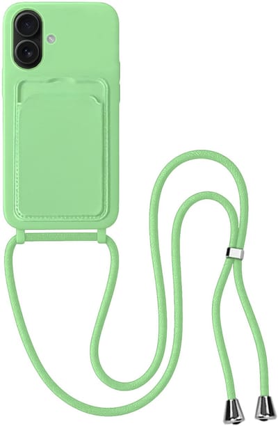 Hoes Geschikt voor iPhone 16 Plus Hoesje Pas Houder Case Hoes Met Koord - Hoesje Geschikt voor iPhone 16 Plus Hoes Met Telefoonkoord Pasjeshouder Cover - Groen