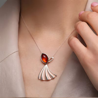 Cavill - Hanger 925 Sterling Zilver Rosé Verguld - Kersrode Baltische Barnsteen 1,85 ct Marquise Cabochon - Elegante Zilveren Hanger - 40x28 mm