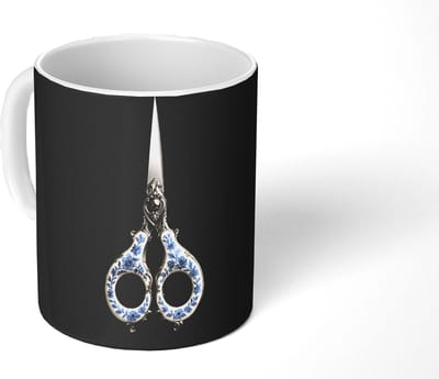 Mok - Koffiemok - Schaar - Delfts blauw - Zwart - Mokken - 350 ML - Beker - Koffiemokken - Theemok