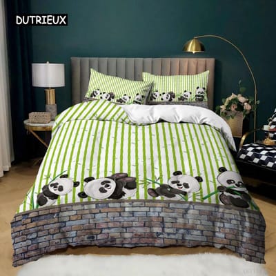 Panda Dekbedovertrek Cartoon Panda Beddengoedset met Print Voor Kinderen Jongens Meisjes Microvezel Schattig Dieren Dekbedovertrek 2/3 Stuks Volledige Maat EU Double(200x200cm)