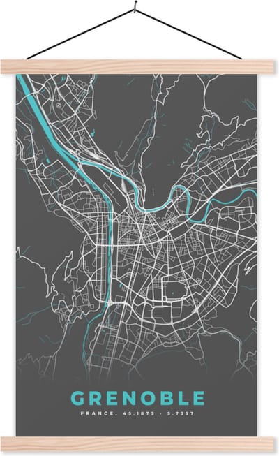 Posterhanger incl. Poster 40x60 cm - Schoolplaat - Grenoble - Frankrijk - Plattegrond - Kaart - Stadskaart - Textielposter - Blanke latten - Stadskaart