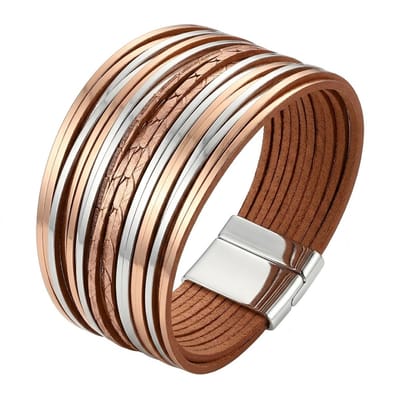 Zilver bruin leren wikkel armband voor dames – brede meerlaagse armband met magnetische sluiting – metallic look