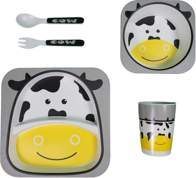 Honeybears – Bamboe kinderservies set 5 delig – Kinderbord – Magnetron bestendig - Eetset – Baby drinkbeker - BPA vrij – Koe
