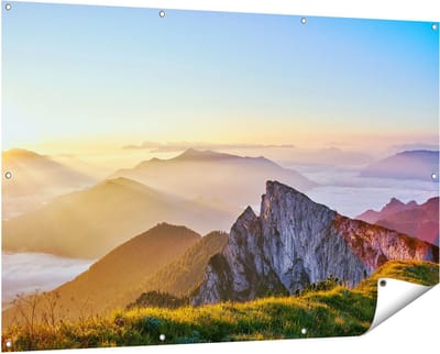 Gards Tuinposter Zonsopkomst in de Bergen in de Alpen - 150x100 cm - Tuindoek - Tuindecoratie - Wanddecoratie buiten - Tuinschilderij