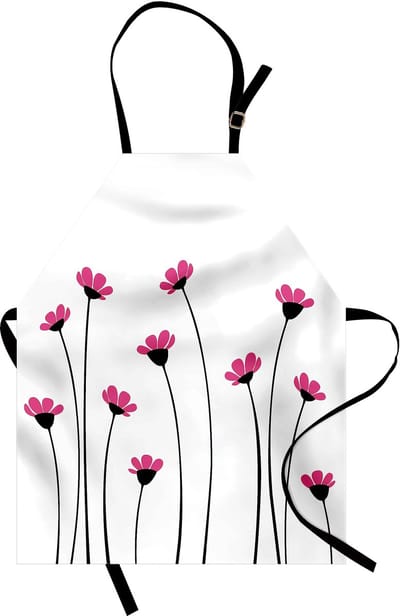 ABAKUHAUS Tuinkookschort, roze madeliefjesbloemen, romantische natuurprint geïnspireerd door bloemrijke velden en weilanden, kleurvast, hoogteverstelbaar, wasbaar, heldere digitale druk, wit, zwart en roze
