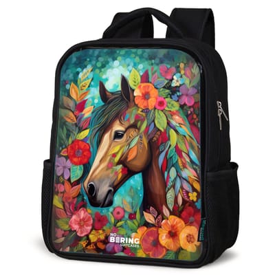 NoBoringSuitcases.com® - Rugzak zwart - Schooltas jongen & meisje - Paard - Bloemen - Bladeren - Kleurexplosie - Rugtas voor school - Boekentas kind - Schoolrugzak - Kinderrugzak